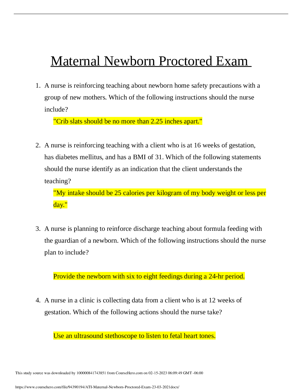 ATI Maternal Newborn Proctored Exam 2021 Browsegrades